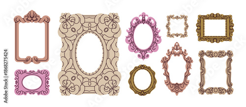 Empty picture frames set in old antique style. Vintage baroque and classic borders, wall baguettes, art gallery and historical museum decoration. Flat vector illustration isolated on white background