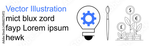 Business innovation, product development, financial growth, creative industries, technology, entrepreneurship. Lightbulb with gear, paintbrush and growing money plants. Innovation and financial