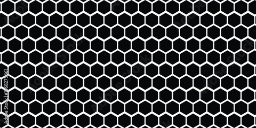 Black seamless hexagon pattern. Repeating honeycomb texture background. Geometric hexagonal halftone tech overlay backdrop. Abstract repeated hex texture. Vector retro technology dot wallpaper