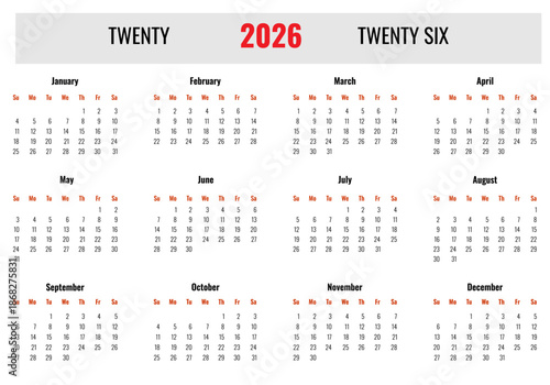 Vector simple calendar in red and black colors on a white background in English for 2026