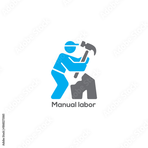 Manual labor vector icon illustration of a construction worker using a heavy hammer tool to break a grey rock

