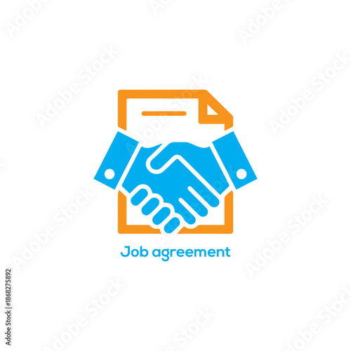 Vector job agreement icon with blue handshake over a document for employment contract, recruitment hiring, and business partnership deal.
