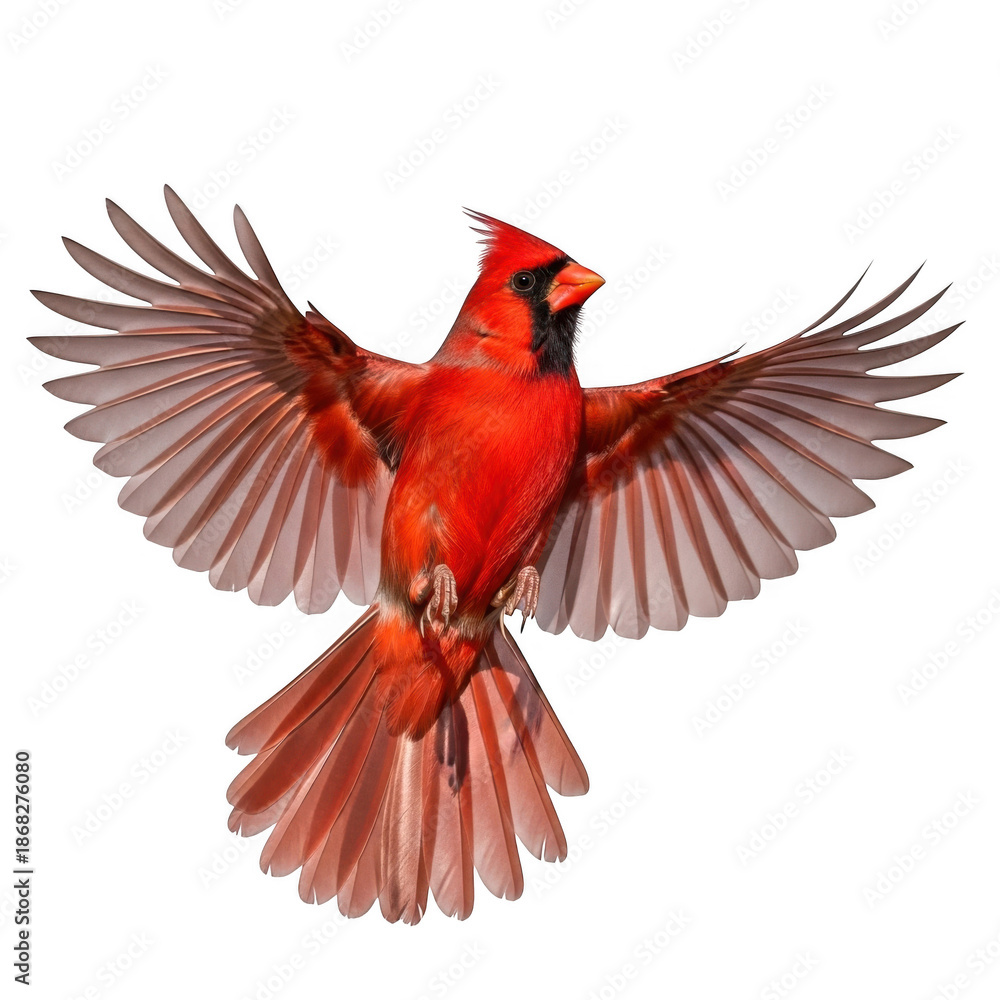 Fototapeta premium Vibrant cardinal bird in flight, isolated on transparent background