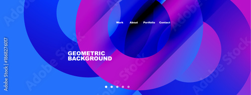 Abstract geometric design. Blue, purple hues create modern background. Navigation includes work, about, portfolio, contact options.