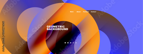 Abstract design features vibrant overlapping shapes. Text reads Geometric Background, navigation includes work, about, portfolio, contact.