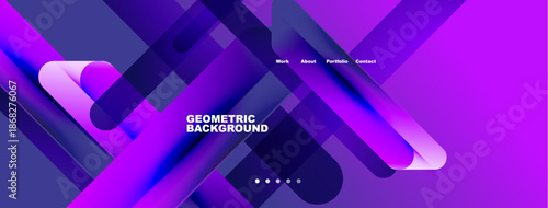 Abstract geometric shapes overlap, creating vibrant purple, blue gradients. Text displays menu options work, about, portfolio, contact. Modern design.