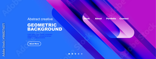 Modern website header design. Vibrant blue, purple gradients create dynamic geometric shapes. Text elements present portfolio information.