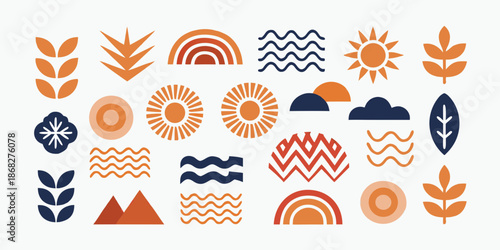 Abstract arrangement of colorful geometric shapes and natural motifs in warm tones