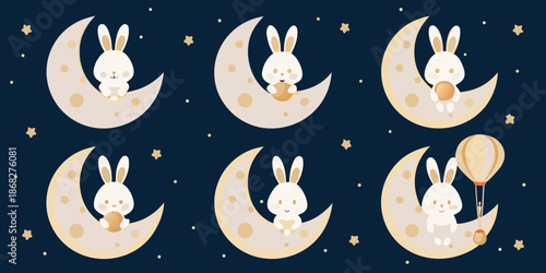 Cute bunnies sitting on crescent moons with stars and a balloon