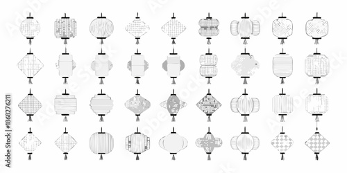 A collection of diverse decorative paper lanterns in a grid arrangement