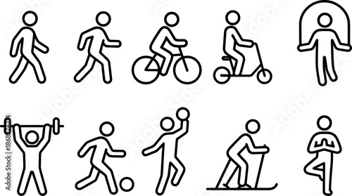 People activity and sport icons set. Walking, running, fitness, exercise outline symbols