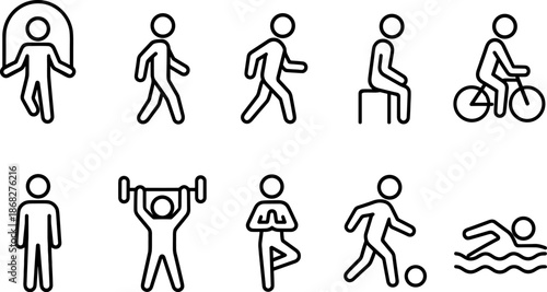 People activity and sport icons set. Walking, running, fitness, exercise outline symbols