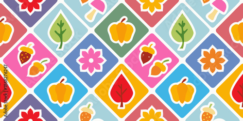 Colorful diamond pattern featuring fruits flowers and foliage illustrations