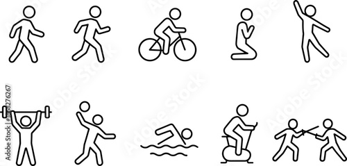 People activity and sport icons set. Walking, running, fitness, exercise outline symbols