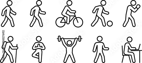 People activity and sport icons set. Walking, running, fitness, exercise outline symbols