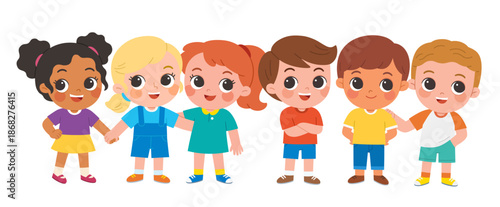 Diverse group of happy children standing together, smiling and holding hands, showing friendship, inclusion, and teamwork in a playful school community.