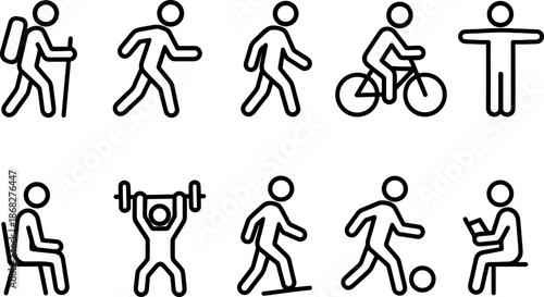 People activity and sport icons set. Walking, running, fitness, exercise outline symbols