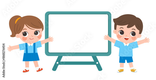 Two cheerful school children standing beside a blank classroom board, presenting space for learning content with happy and welcoming expressions.