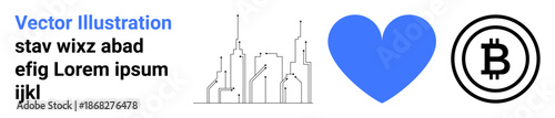 Cryptocurrency, urbanization, blockchain, digital payment, smart city development, financial technology. A blue heart, Bitcoin icon and minimalistic urban skyline. Cryptocurrency and urbanization