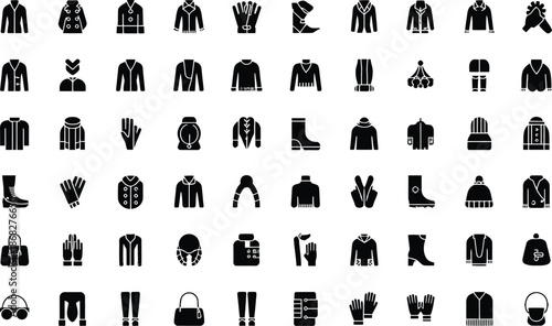 Collection of various clothing items and accessories icons in black silhouette style