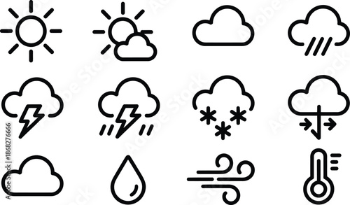 Weather forecast icon set for various meteorological conditions