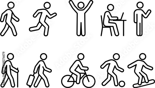 People activity and sport icons set. Walking, running, fitness, exercise outline symbols