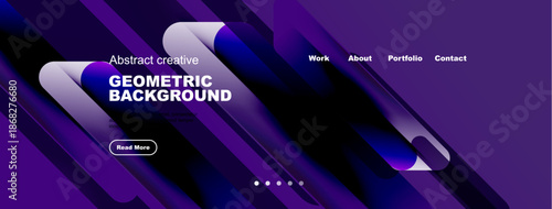 Dynamic purple design features flowing shapes, text elements, navigation menu. Modern aesthetic suitable for website header or banner.