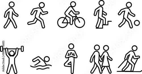 People activity and sport icons set. Walking, running, fitness, exercise outline symbols