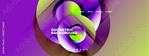 Abstract vibrant design. Fluid shapes, purple hues dominate. Navigation menu present, geometric background visible. Modern aesthetic.