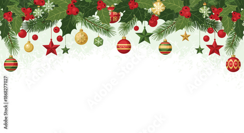 Festive Christmas border featuring holly branches with red berries and various hanging ornaments on a white backdrop.