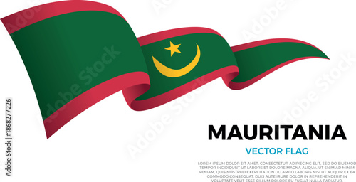 Flag of Mauritania. Mauritanian and African and Arab Culture. Shining flag with realistic shadows waving in three layers. The elegant curves and realistic shading create a sense of motion