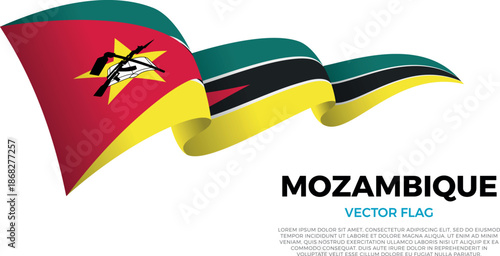 Flag of Mozambique. Mozambican and South African Culture. Shining flag with realistic shadows waving in three layers. The elegant curves and realistic shading create a sense of motion
