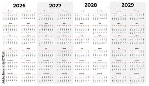 Set of vector black and white simple calendars for 2026-2029 in English.