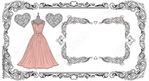 Fashion design composition with a pink dress and ornamental heart frames for creative scrapbooking or invitations.