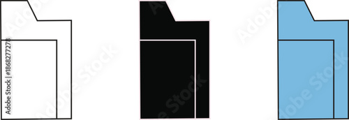 Minimalist file folder icons set with outline, black fill, and blue fill variations