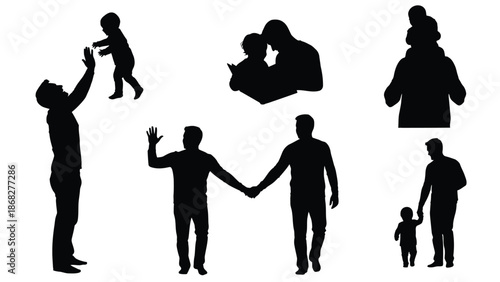 Silhouette illustrations of people and families in various poses and interactions on white background with family and couple and love and care