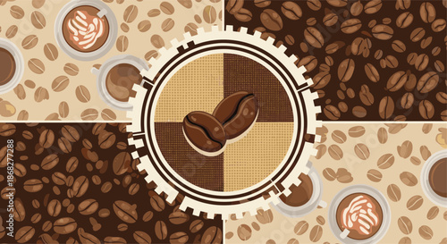 Coffee themed graphic design with a central gear emblem and various patterns of roasted beans and cups of latte art.