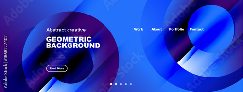 Abstract geometric background design. Blue purple hues create modern website header. Includes navigation options, button.