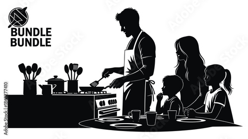 Silhouette of a man cooking for his family in the kitchen with a woman and two children sitting at the table with meal and home and interior