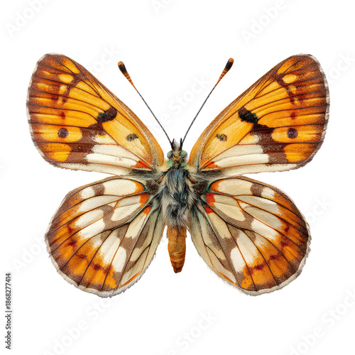 Butterfly with orange/brown patterns, isolated on a dark background