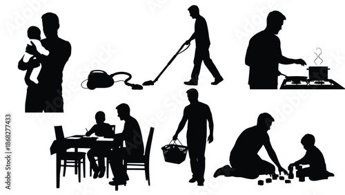 Silhouette illustrations of people engaging in various daily activities at home and family life with household chores and cooking and parenting