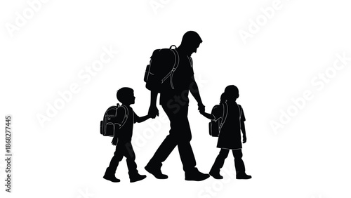 Silhouette of a parent and two children walking to school with backpacks on a white background with family and illustration and graphic and vector