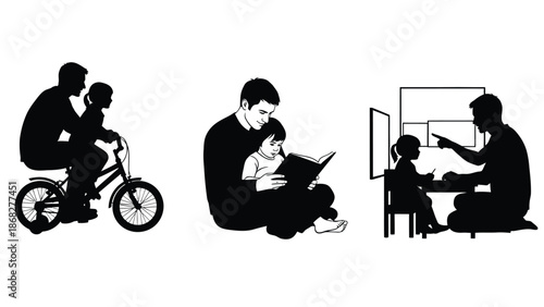 Silhouette illustrations of a father and child engaging in activities together such as riding a bike reading and learning with bonding and family
