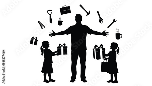 Silhouette of a man with outstretched arms surrounded by floating objects and two girls holding gifts with tools and family and father and daughters