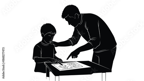 A man guides a childs hand as they color a picture together on a table indoors with adult and coloring and helping and silhouette and illustration