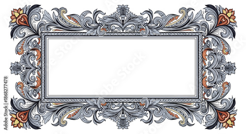 Extremely ornate rectangular frame featuring intricate vintage patterns with floral and scrollwork details in color.
