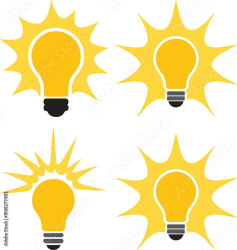 Creative idea light bulb icons set with abstract energy rays for innovation and inspiration concept vector icons for business and education designs