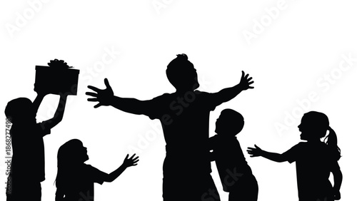 A group of children in silhouette playfully interacting with one another on a plain white background with arms outstretched and one child holding a box