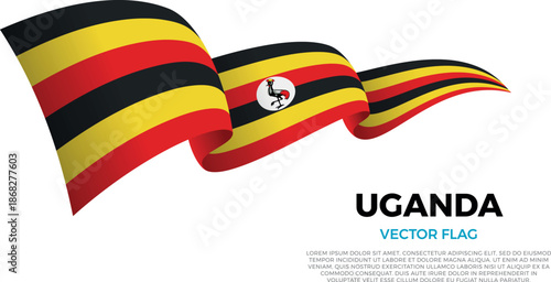 Flag of Uganda. Ugandan and African Culture. Shining flag with realistic shadows waving in three layers. The elegant curves and realistic shading create a sense of motion
