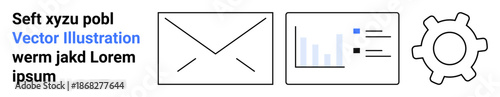 Email marketing, data visualization, workflow automation, business solutions, communication tools, process optimization. Envelope icon, bar chart and gear symbol. Email marketing and data